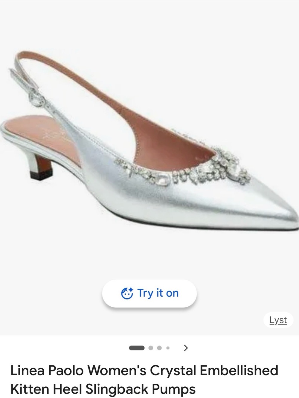 New in Box!! Paolo Silver Crystal Embellished Pointed Toe Slingback Kitten Heel